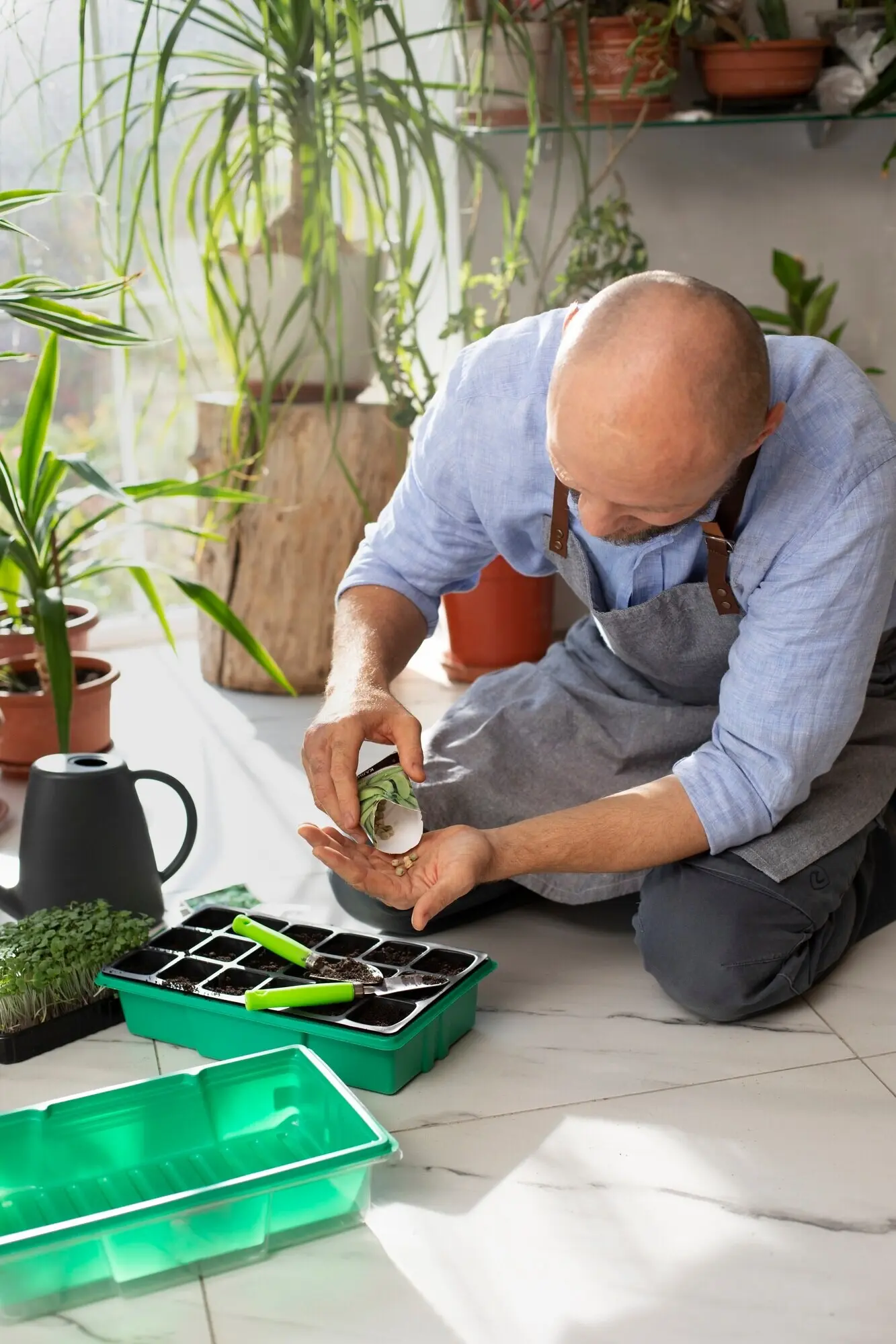 Mann, der in Innenräumen Pflanzen anbaut und kultiviert.